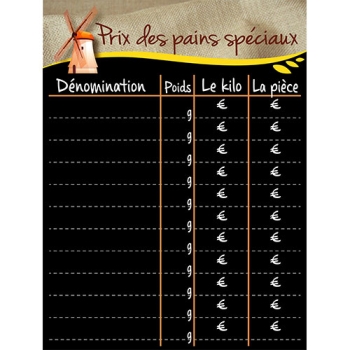 PANCARTE "PRIX DES PAINS SPECIAUX"